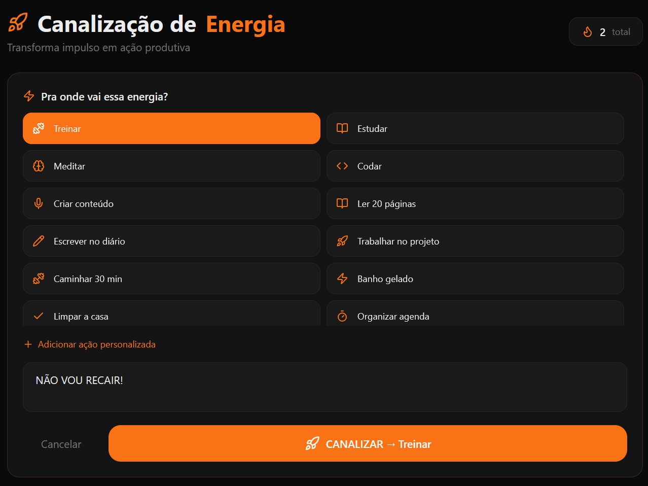 Tela Canalização de Energia — transforma impulso em ação produtiva