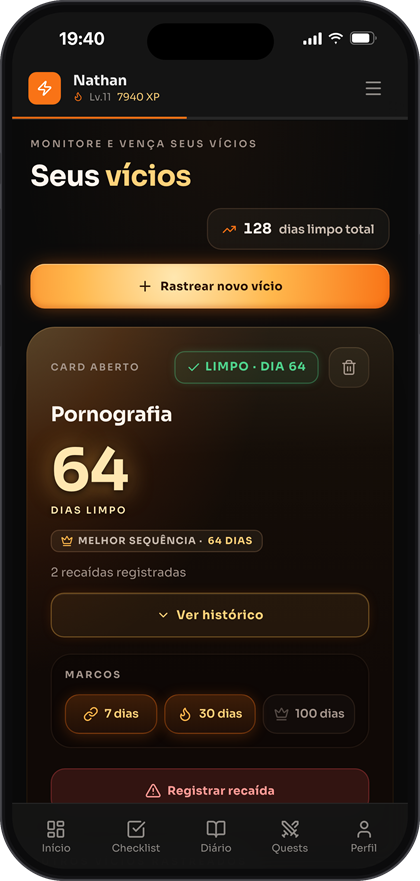 Tela de vícios com contador de dias limpo