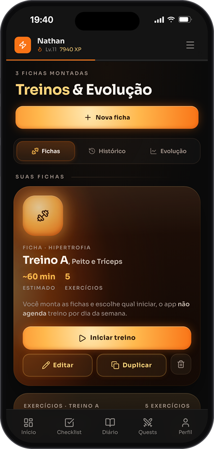 Tela de treinos com fichas e evolução de carga