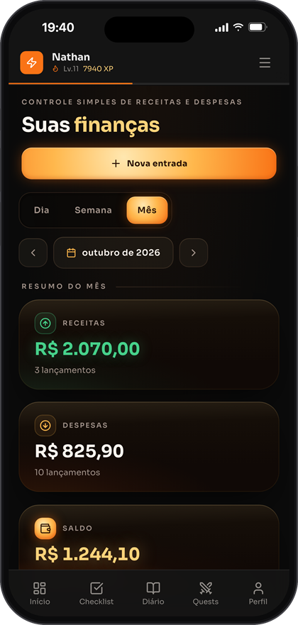 Tela de finanças com receitas, despesas e saldo