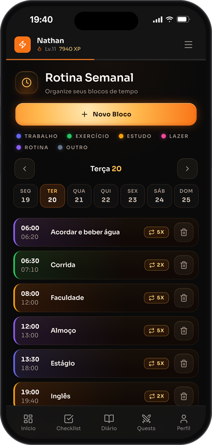 Tela de rotina semanal com blocos de horário