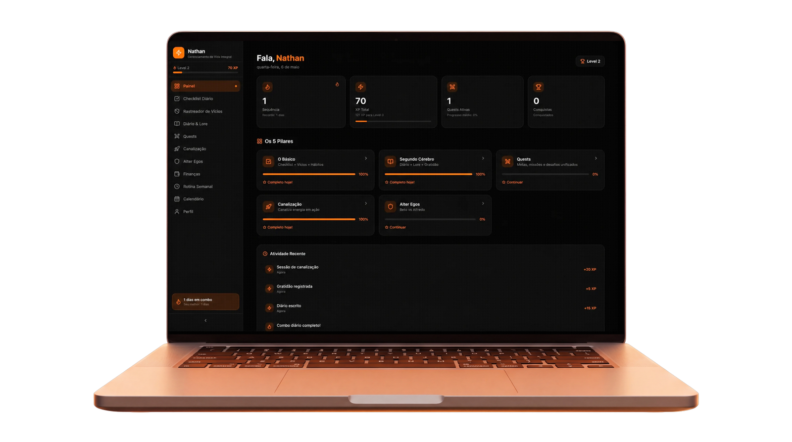 MBC Planner rodando num MacBook: painel com os 5 pilares