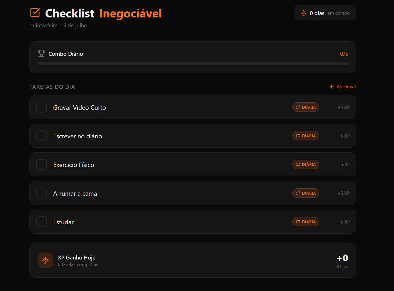 Tela O Básico — Checklist Inegociável com tarefas do dia e XP