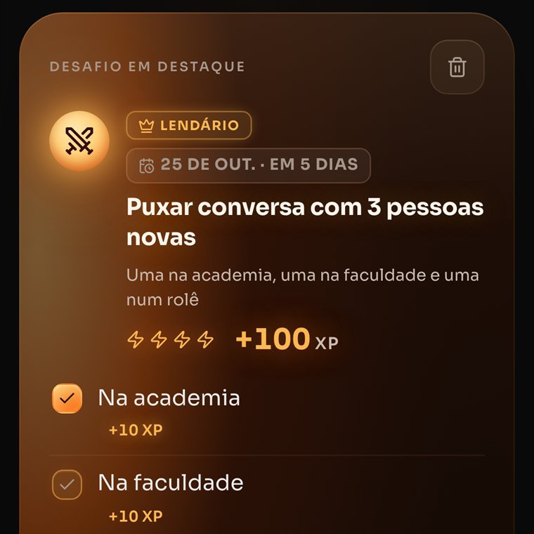 Tela Quests: missões com dificuldade e recompensas de XP