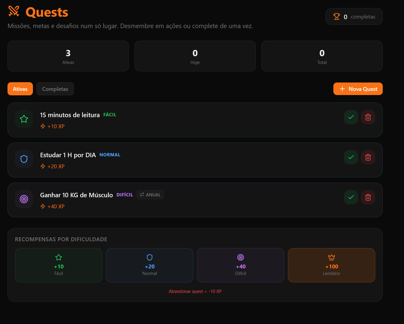 Tela Quests — missões com dificuldade e recompensas de XP