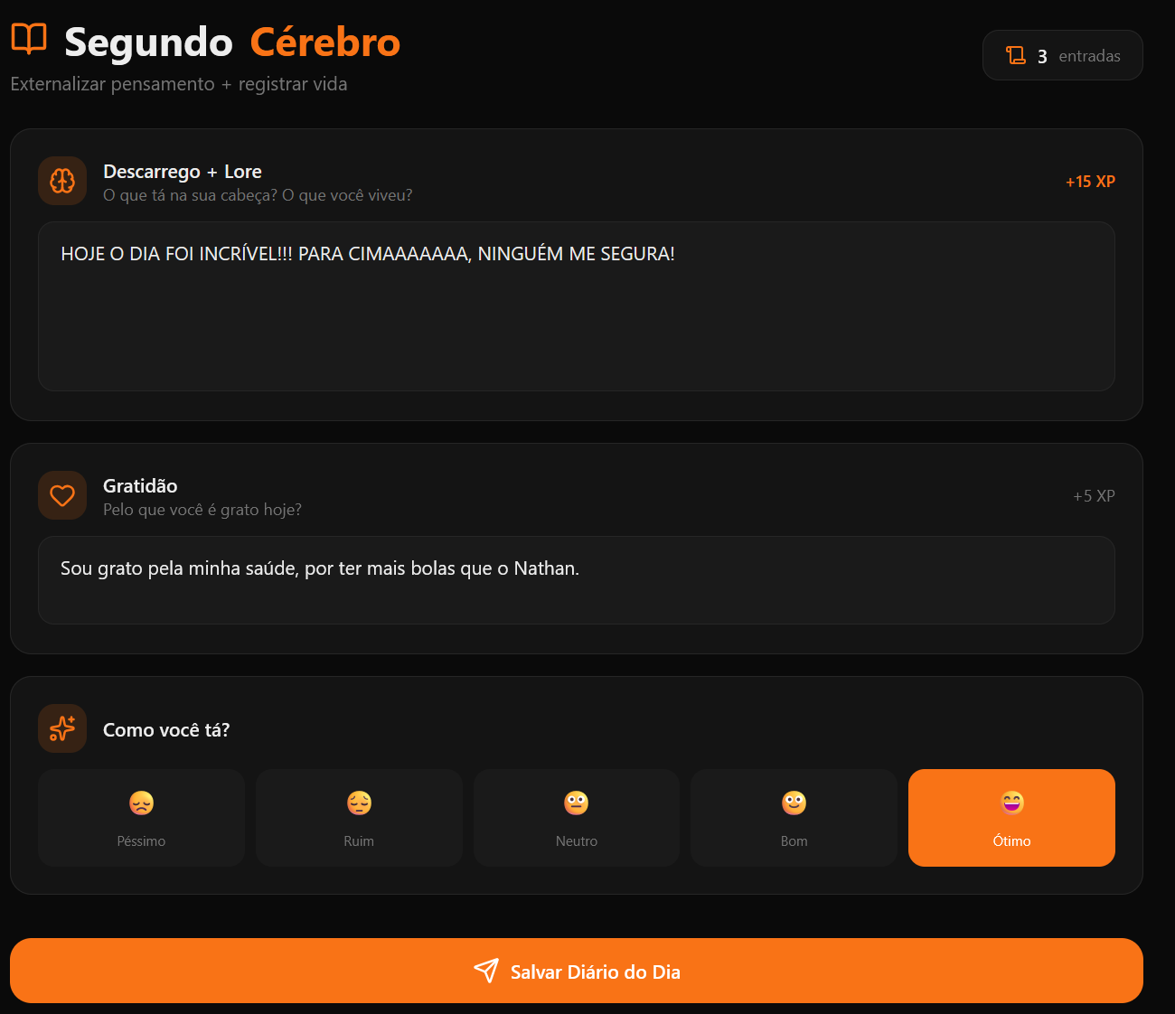 Tela Segundo Cérebro — diário, gratidão e registro de humor